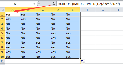 Пожалуйста, выберите ячейку и введите эту формулу = ВЫБЕРИТЕ (RANDBETWEEN (1,2), «Да», «Нет») в нее и нажмите клавишу Enter