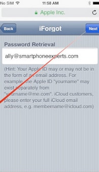 Шаг второй: Нажмите Enter Apple ID, введите адрес электронной почты и нажмите кнопку Далее в правом углу